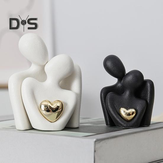 Ceramic Couple Hug Figurine with Golden Love Heart Men Women Embrace Statue Sculpture Living Room Bedroom Desktop Decoration Wedding Anniversary Gifts