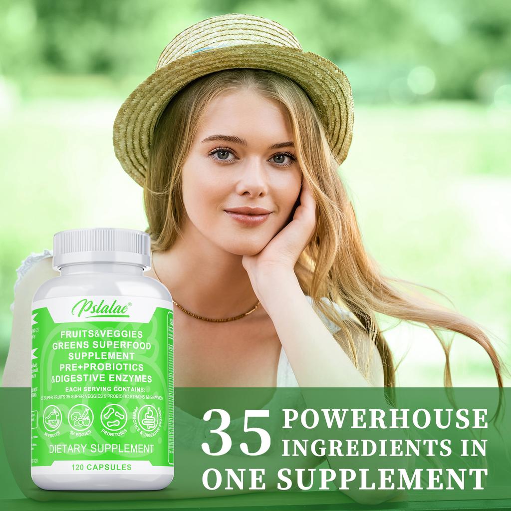 Natural fruit and vegetable blend capsules; supports gut health, aids digestion, boosts immunity; suitable for adults.