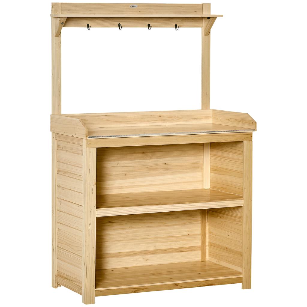 Garden Potting Bench Table Wooden Workstation Bench W Galvanized Metal Tabletop Storage Shelves And Hooks Natural