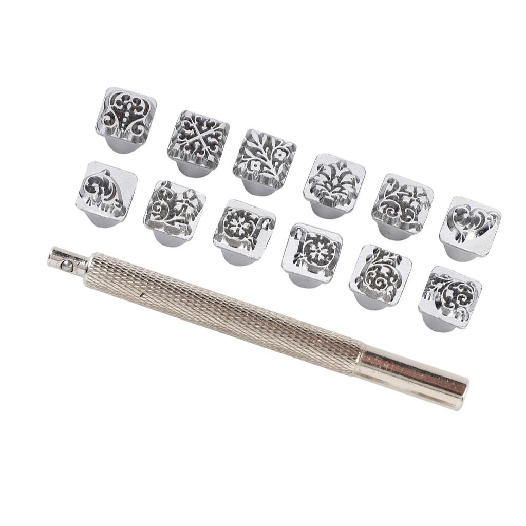 ZK20 12Pcs Stamping Punch Tool Tang Dynasty Flower Design DIY Vegetable Leather Stamper 1Pc Handle