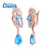 LSOOYH Clip Earrings Rose Gold Color Fashion Earring For Women Blue Cubic Zirconia Hollow Hoop Long Drop Earrings Jewelry