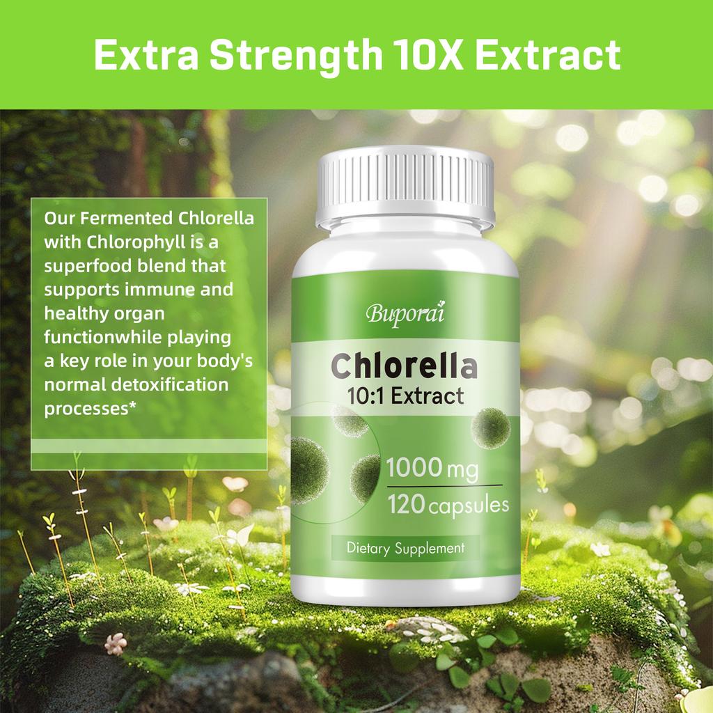 Chlorella Extract Capsules, 10:1 High Concentration 1000mg Algae Extract, Nutritional Supplement