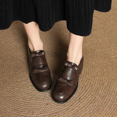 Новые женские туфли на плоской подошве, повседневные однотонные, демисезонные, одинарные туфли, черные, на квадратном каблуке, с круглым носком, кожаные туфли, слипоны, обувь большого размера