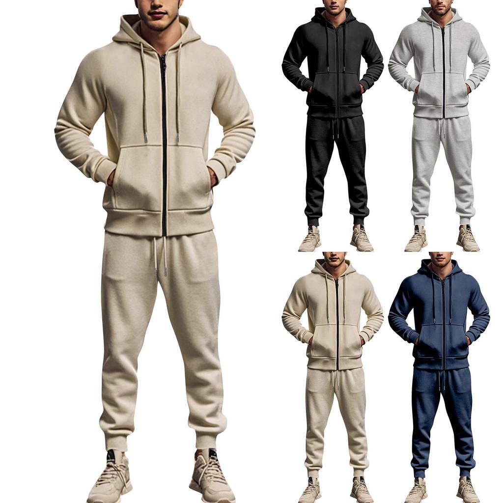 Мужской однотонный спортивный костюм с капюшоном и длинными рукавами, флисовый теплый костюм-двойка