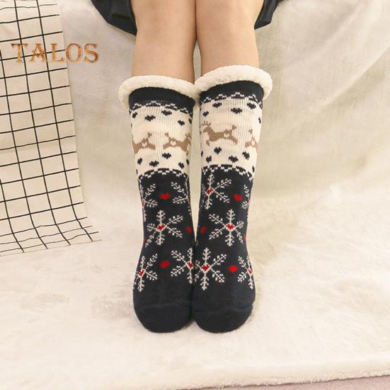 1 Pair Winter Floor Socks Thickened Fuzzy Plush Warmth Retention Christmas Elk Snowflake Print Leg Warmer Silicone Bottom Fall Winter Floor Socks
