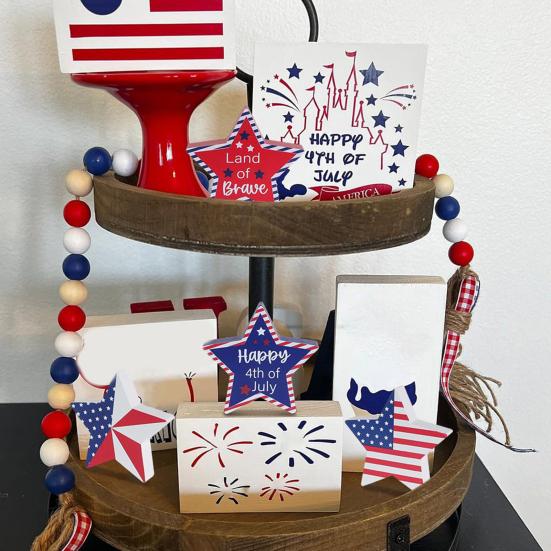 6 Pcs Patriotic Star Block Signs 4th of July Table Centerpieces Independence Day Decorations for Tabletop Shelf Mantel Tiered Tray Home Party