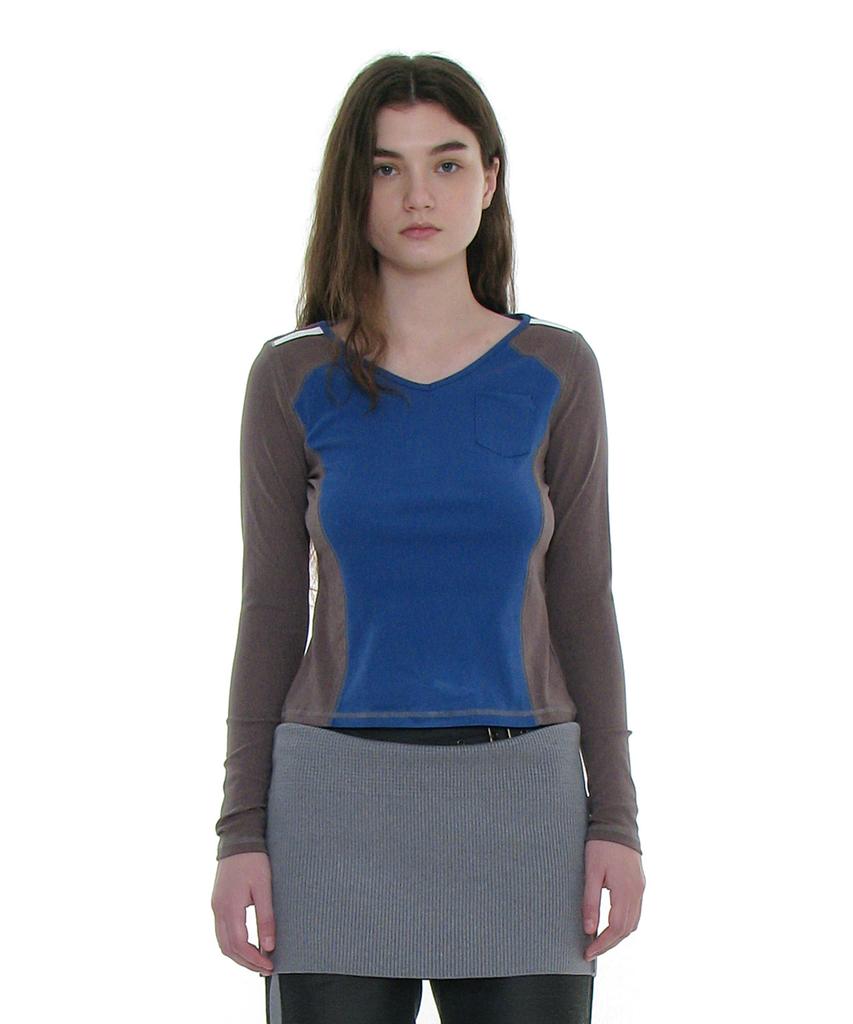 PARTIMENTO WOMEN Cut-Out V-Neck Colorblock Long Sleeve Tee_Blue