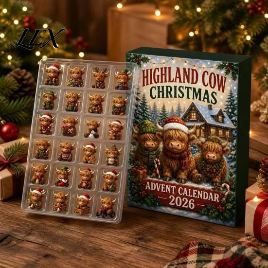 Festive Room Car Ornaments 2026 Highland Cow Christmas Advent Calendar, 24-Day Acrylic Countdown Ornament Set with Classroom Exchange Gifts