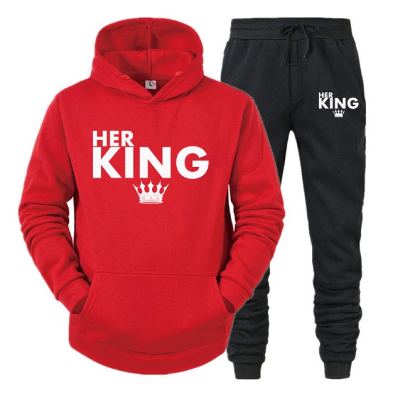 Lover Outfit Her QUEEN or His KING Printed Tracksuits Couple Hoodies Suits Hooded Sweatshirt and Sweatpants Two Piece Set S-4XL