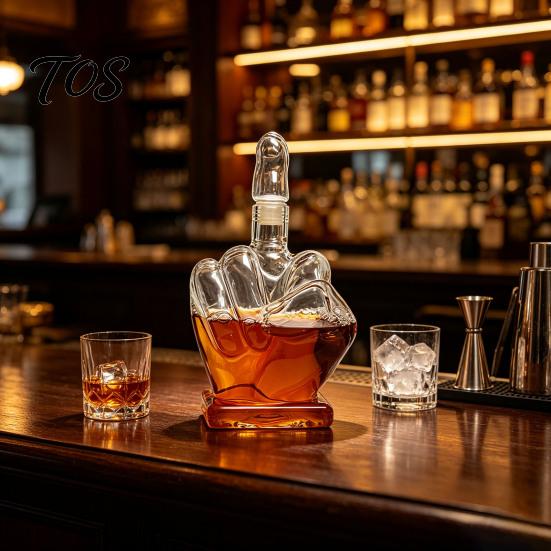 Decorative Glassware for Men Middle Finger Whiskey Decanter, 1000ml Glass Fist Dispenser with Stopper, Bourbon Decanter Unique Hand Shape Liquor