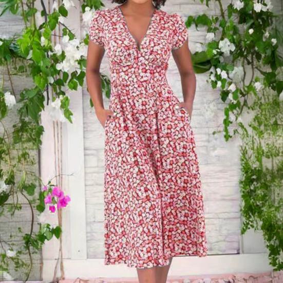 Платье миди в стиле бохо с V-образным вырезом, короткими рукавами, высокой талией, женским платьем с карманами, струящимся подолом, платье А-силуэта