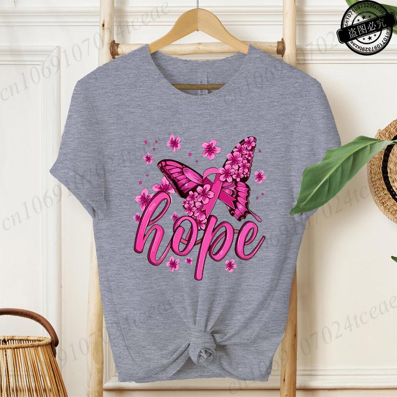 Hope Pink Ribbon Butterfly Breast Cancer Awareness Warrior Print Women's T-Shirt,Graphic Tee Tops,Casual Streetwear Fashion Tops