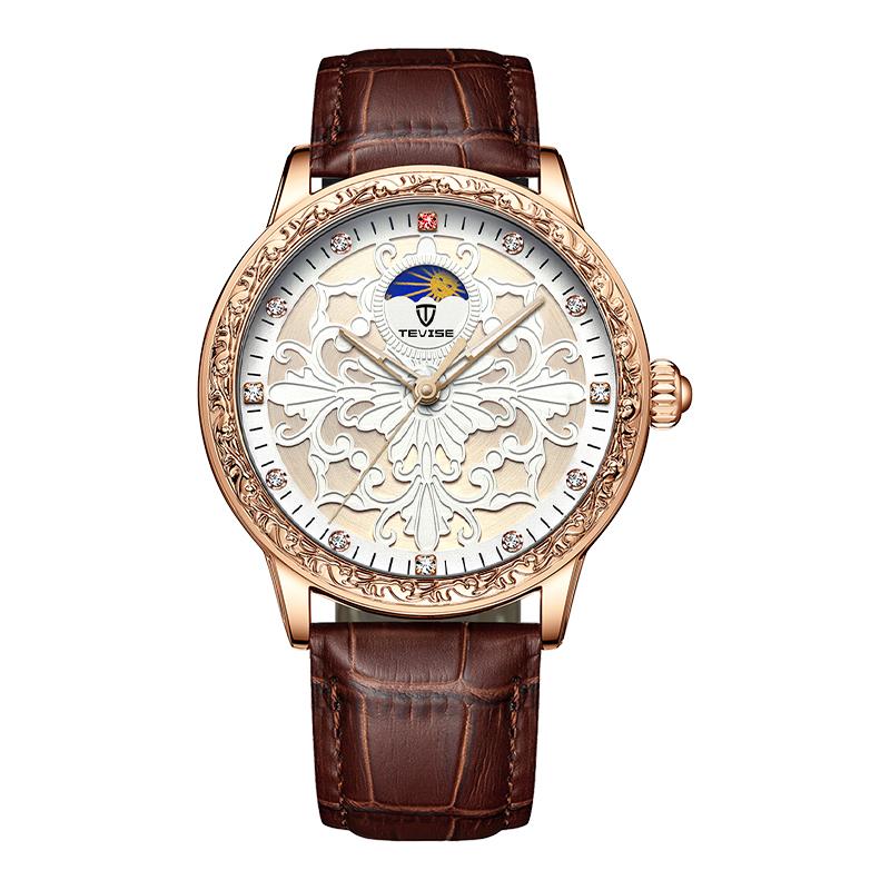 TEVISE Watch for Men Quartz Movement Fashion Business Casual Wristwatch Moon Phase Leather Strap Luxury Gift Watch