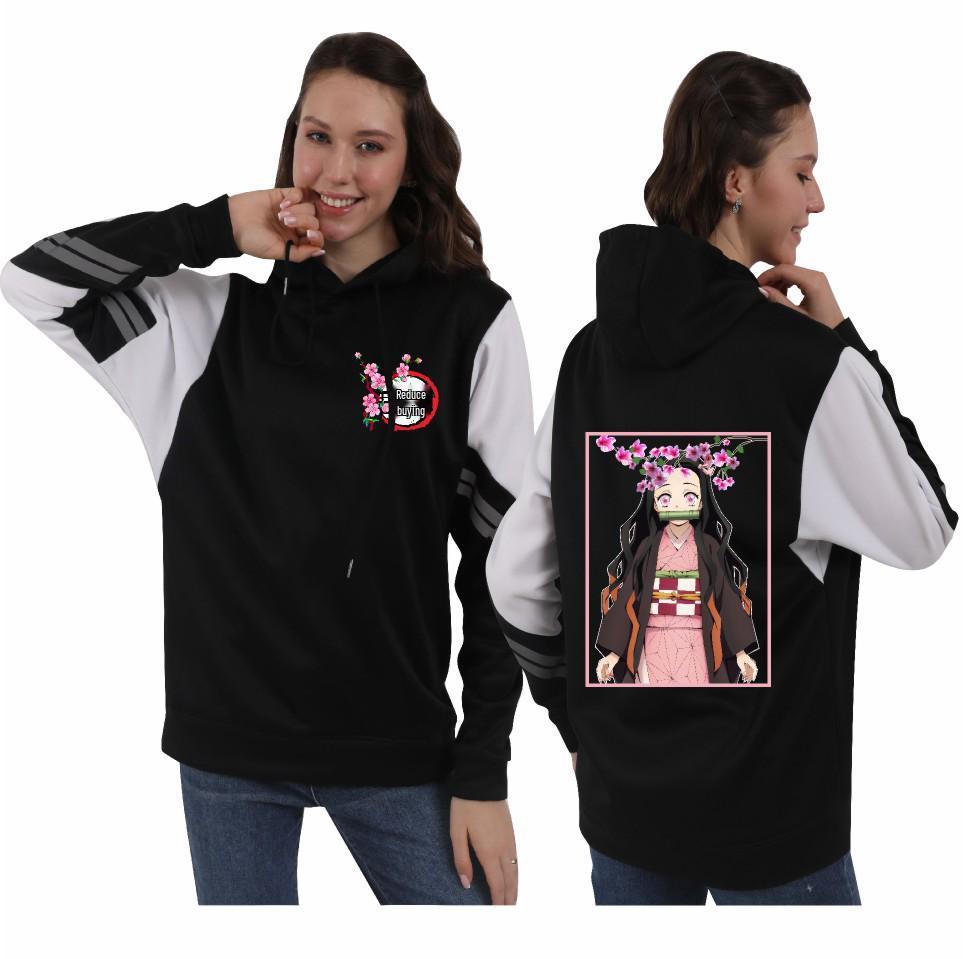 Demon Slayer Women's Hooded Sweatshirt with Japanese Anime Series Print and Color Block Stripes