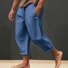 Men Cropped Pants Drawstring Elastic Waist Solid Color Loose Pockets Split Deep Crotch Soft Breathable Summer Vacation Beach Trousers