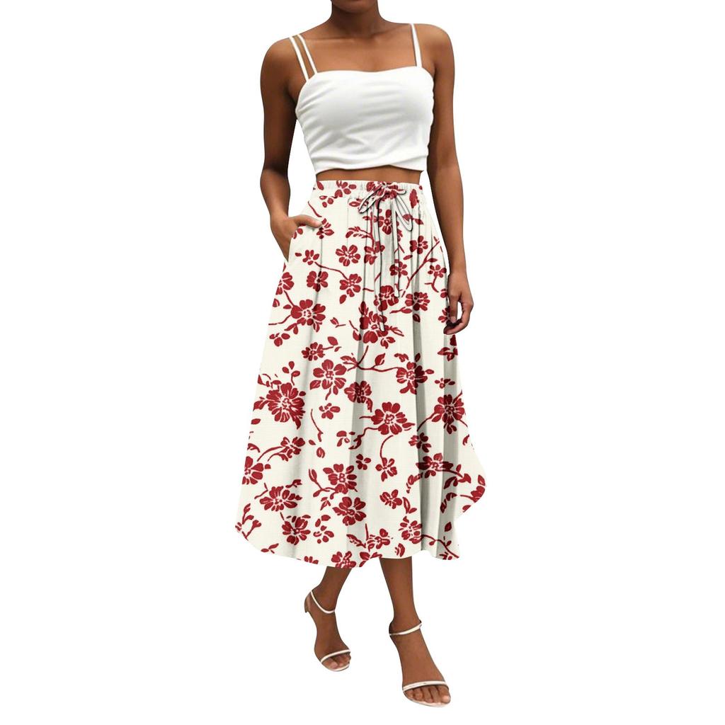 Women's Skirt Bohemian Flower Skirt Solid Color Casual Temperament With Pockets Skirt