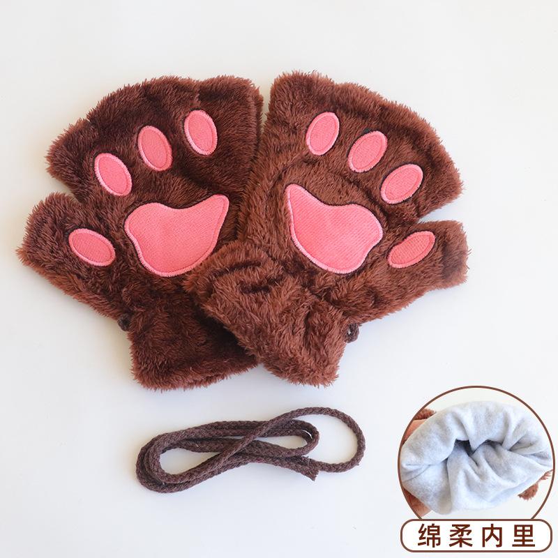 Autumn and Winter Cute Cat Claws Half Finger Plush Gloves Student Writing Plush Leak Finger Warm Half Finger Bear Paw Gloves