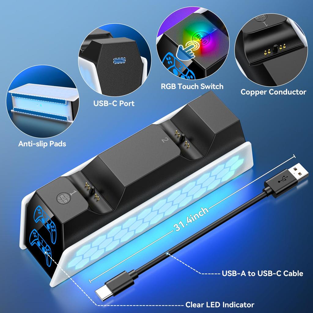 Зарядка контроллера PS5 Зарядка 2 устройств одновременно Зарядное устройство KDD для контроллера PlayStation 5 Edge Подставка для зарядки PS5 Периферийные устройства PS5 со светодиодом