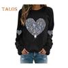 Women Tops Round Neck Long Sleeve Tee Shirt Shiny Sequins Heart Print Sweatshirt Spring Autumn Daily Wear