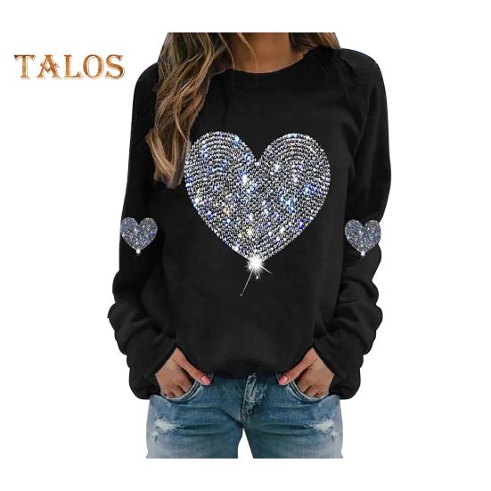 Women Tops Round Neck Long Sleeve Tee Shirt Shiny Sequins Heart Print Sweatshirt Spring Autumn Daily Wear