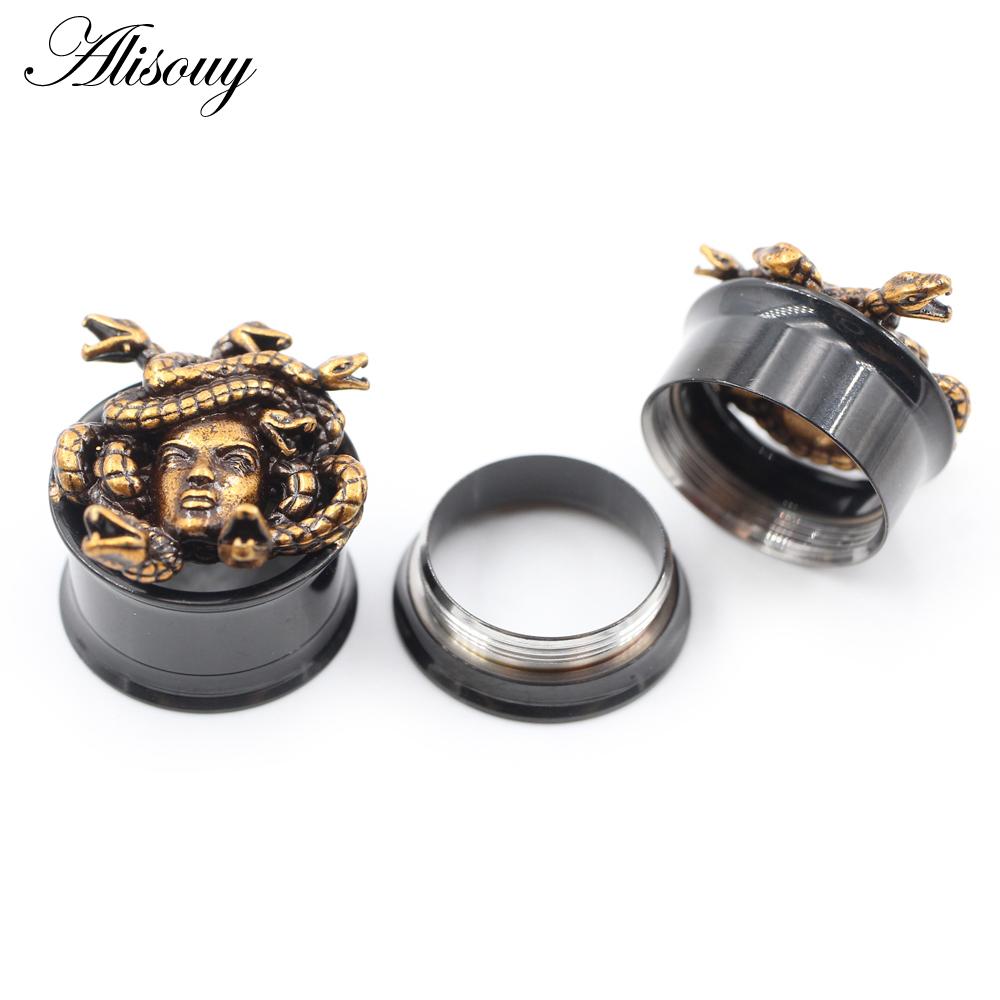 Alisouy 2PCS Нержавеющая сталь Змеиное лицо Череп Ушные туннели Заглушки Расширитель Расширитель Расклешенные Измерители Серьги Пирсинг Украшения для тела