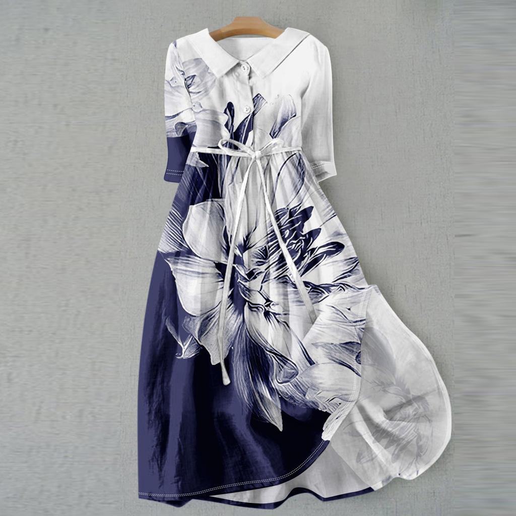 Женская мода повседневное платье с воротником на лацкане и пуговицами с рукавами 3/4 и бретелями