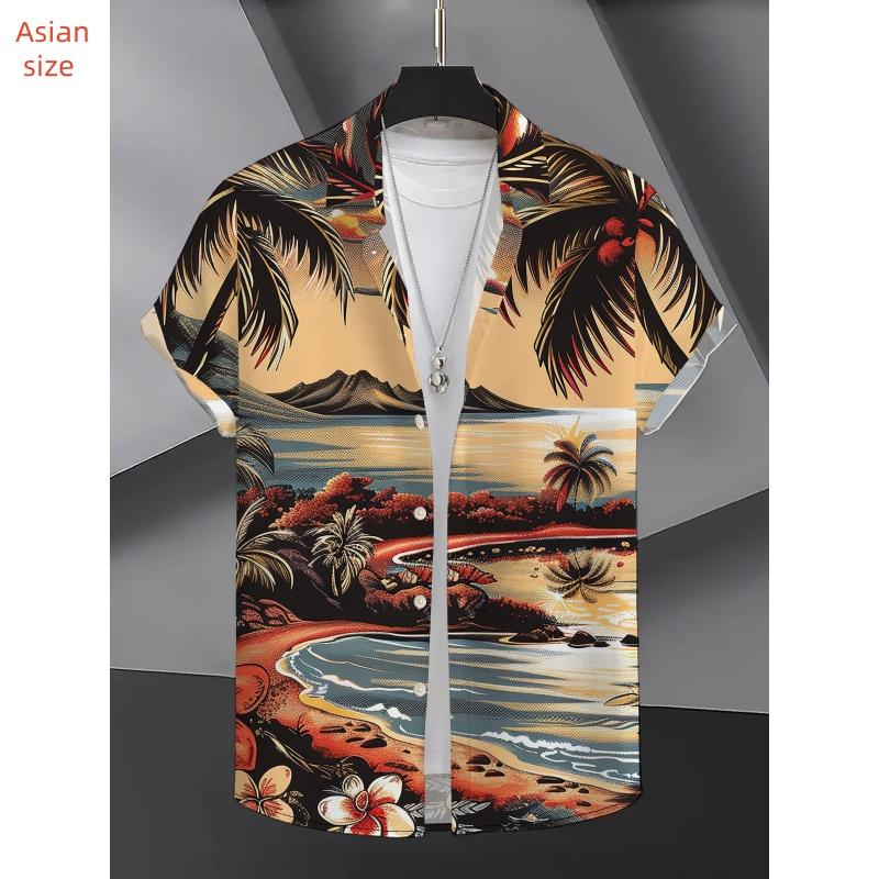 Мужская гавайская рубашка с принтом кокосовой пальмы, цветная блузка с рисунком заката, летние свободные топы с пуговицами и лацканами, пляжные рубашки Aloha