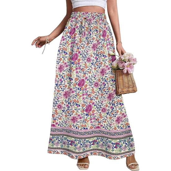 Women Maxi Skirt High Waist A-Line Style Floral Print Long Skirt