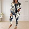 Women Plus Size Blue White Printed Two Piece Set Round Neck Long Sleeve Longline Top Fitted Pants