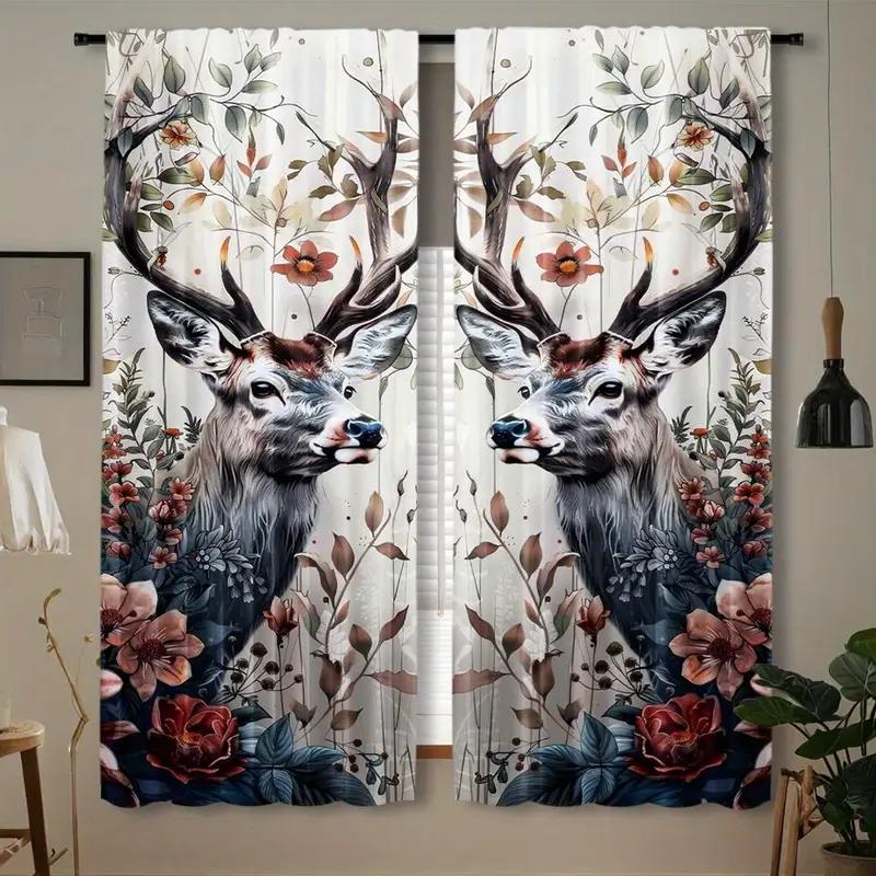 Flower Deer Printed Curtains Pole Bag Polyester Material Design Bedroom Home Decoration Curtain Set Of 2 Made Washable Master Ready