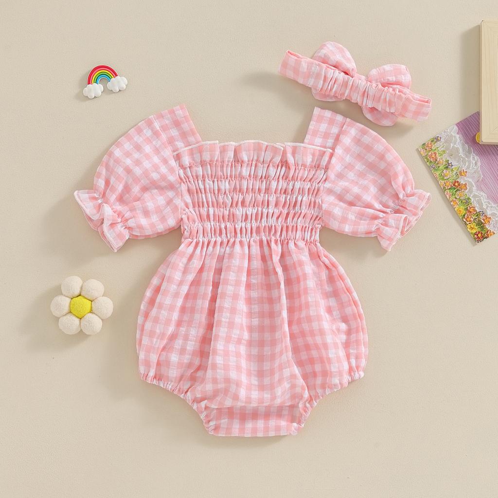Комплект из 2 предметов для девочек, весенние наряды, короткий рукав, клетчатый принт, присборенный комбинезон с повязкой на голову, комплект детской одежды