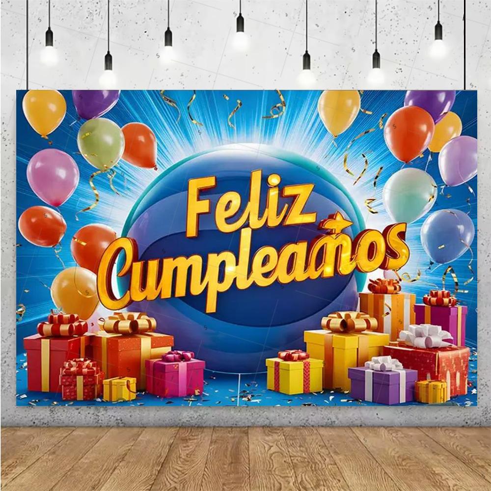 Happy Theme Background in Spanish, Party Decoration with Colored Globes, Background Banner, Gift for Children, Photo Session