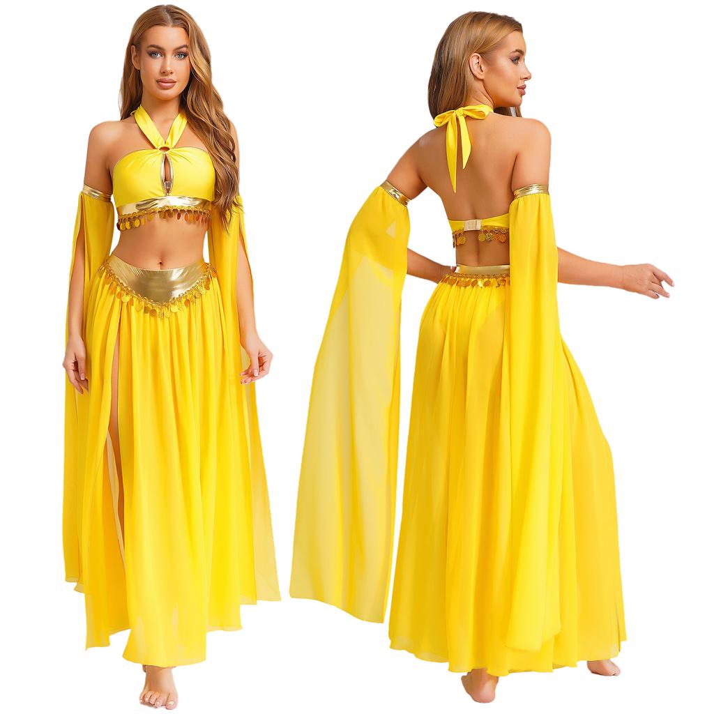 Women's Belly Dance Costume Set: Self-Tie Halter Crop Top with Built-In Briefs & Side Slit Chiffon Skirt + Removable Split Sleeves