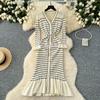 Autumn Winter Women Casual V-neck Three Quarter Sleeve Striped Knitted Sweater Long Midi Fishtail Dresses