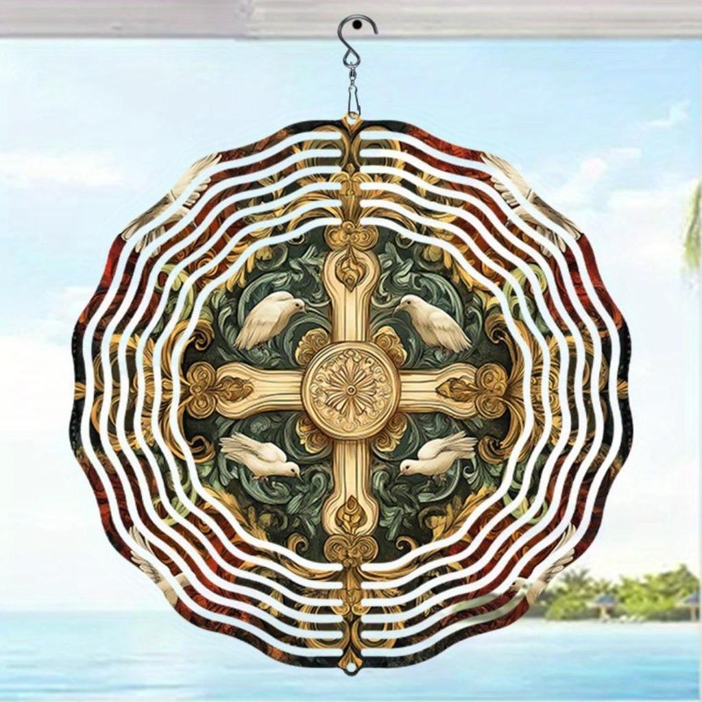 3D Peace Dove Cross Wind Spinner Kinetic Motion Metal Garden Wind Chime Golden Accents Outdoor Indoor Decorative Ornament for Patio Yard Home Unique