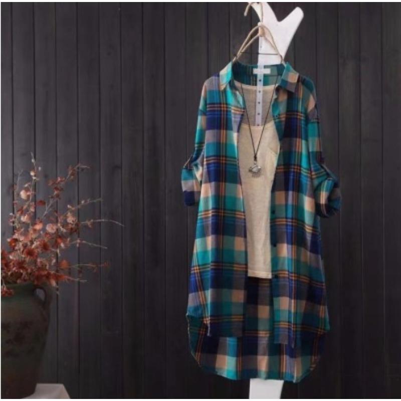 Весна Осень Рубашка средней длины Клетчатая рубашка Женская свободная большого размера Длинный рукав Солнцезащитное пальто Блузки и рубашки
