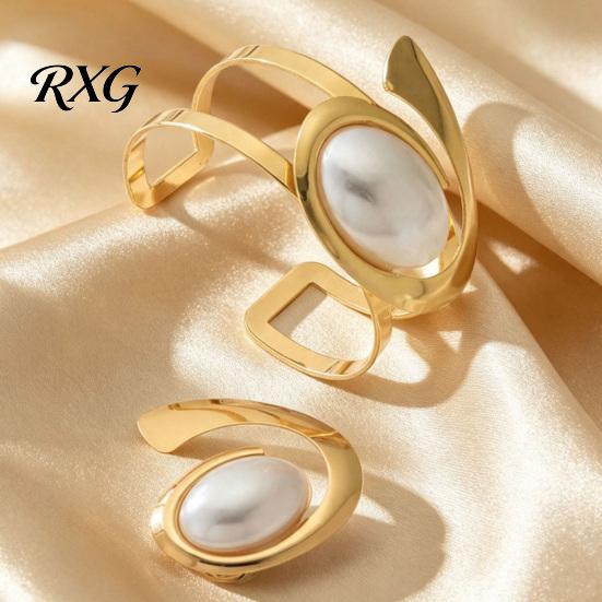 Women Jewelry Set 2Pcs Faux Pearl Bangle And Ring Set, Geometric Open Bracelet Banquet Sets & Ring, Minimalist Golden Plated Statement for Party