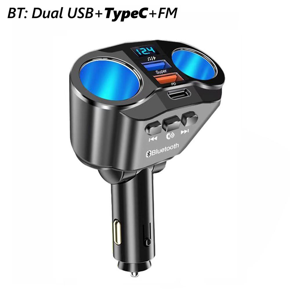 Автомобильное зарядное устройство 12-24 В, Bluetooth FM-трансмиттер, двойной USB, гнездо для быстрой зарядки, разветвитель прикуривателя, адаптер питания с дисплеем напряжения