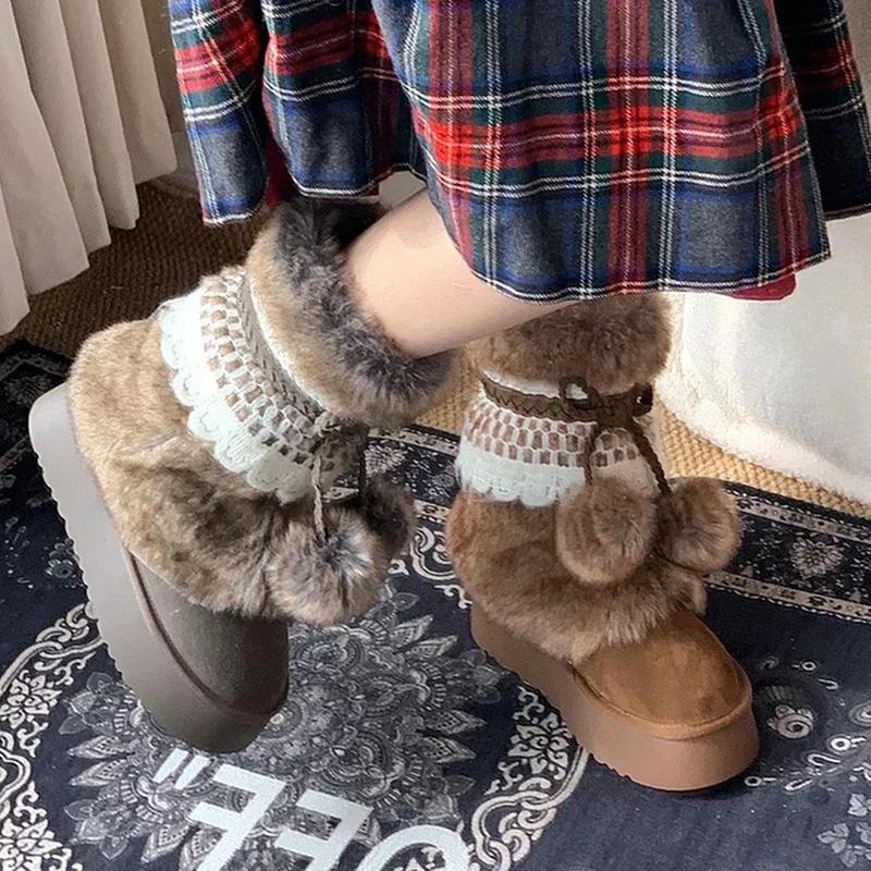 Bow Fur Snow Boots Women Platform Ankle Shoes Winter Suede Flats Warm 2025 New Brand Fashion Sweet Chelsea