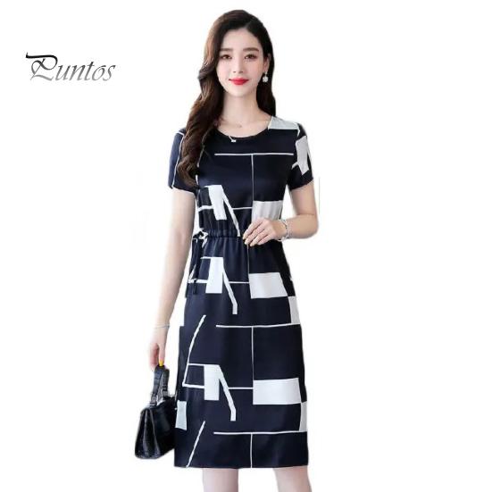 Женское повседневное платье с круглым вырезом и узкой талией с цветным принтом, облегающее платье длиной до колена с короткими рукавами, деловое платье для покупок, свиданий, платье миди