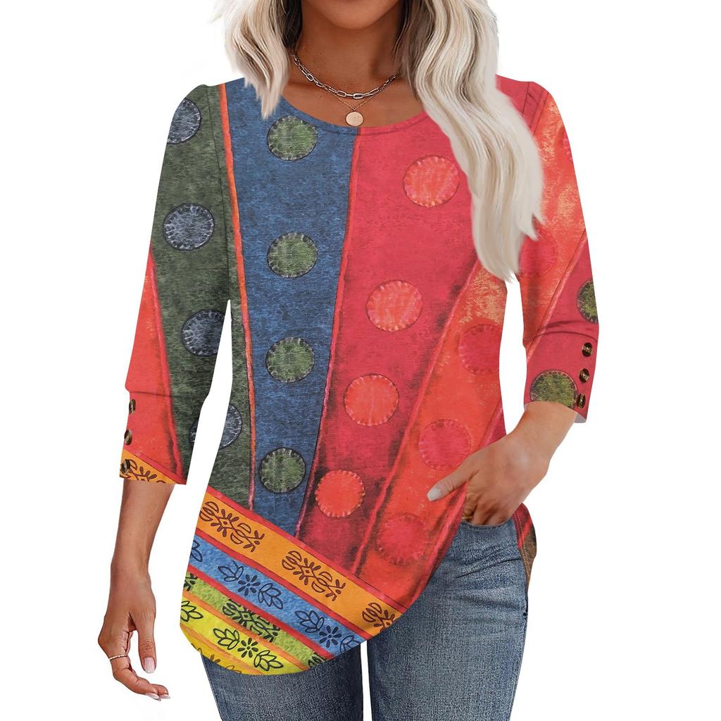 Женская модная повседневная футболка с цветными блоками, сшивная, с принтом, с круглым вырезом, с рукавами семь восьмых