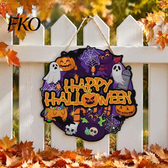 Waterproof Halloween Porch Sign Happy Wooden Door Hanger for Household Front Porch, Cute Ghost Pumpkin Sunproof Holiday Printed Hanging Plaque, Spooky