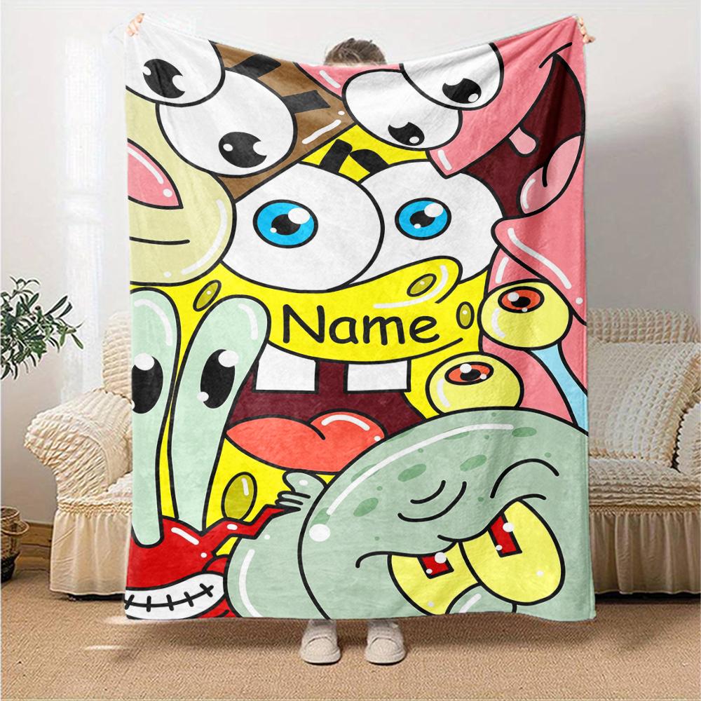Custom Name Spongebob Squarepants Theme Printed Blanket Perfect For Couch Bed Travel Outdoor Use Machine Washable Cozy Durable