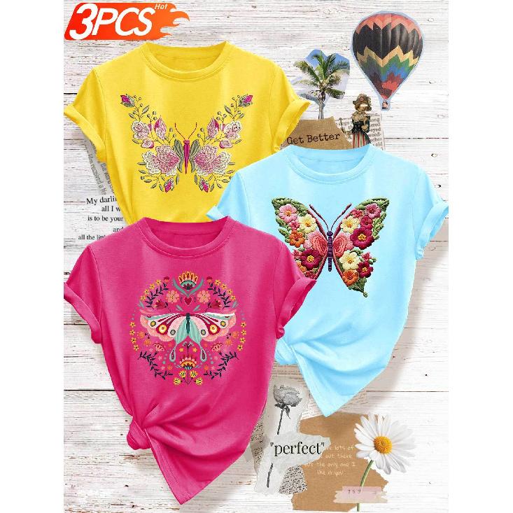 3 Elegant outfits for a girls' gathering T Ethnic-style shirt with butterfly and floral prints, vintage and unique top, fresh and youthful, casual