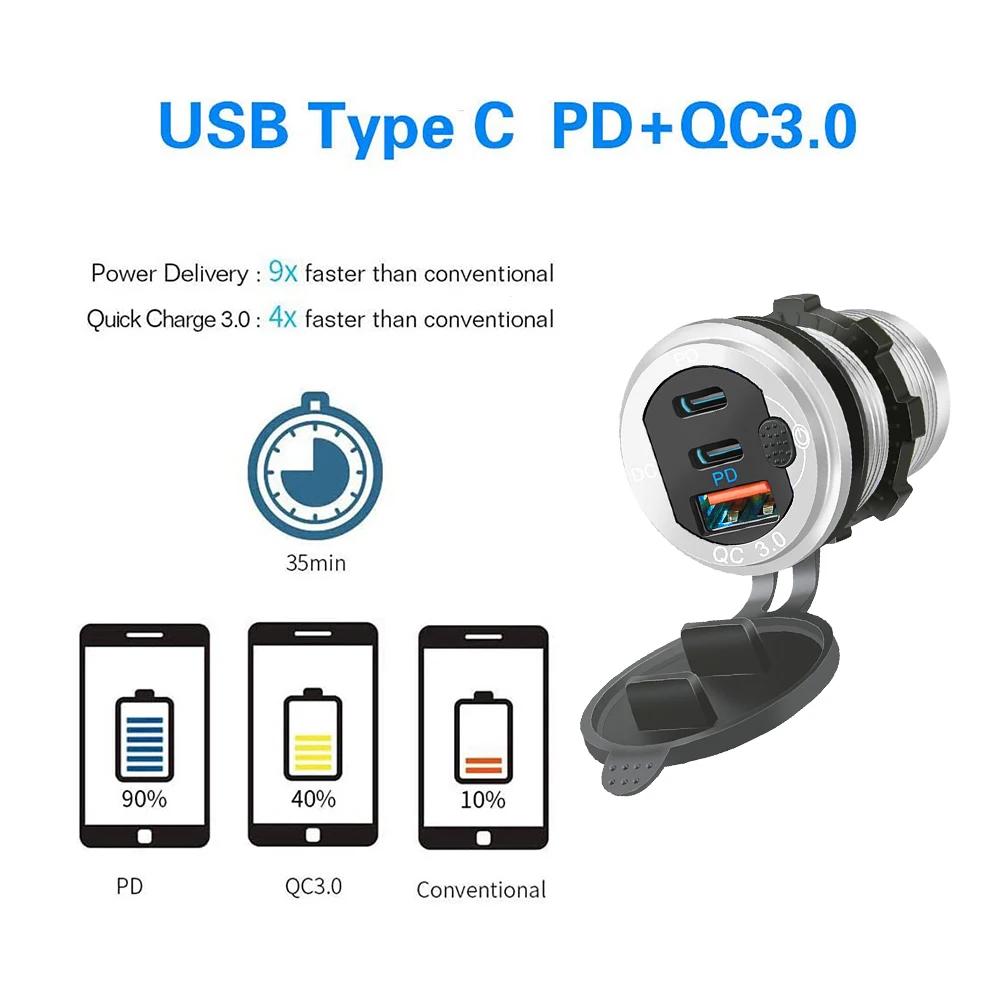 Автомобильное зарядное гнездо PD3.0 и QC3.0 USB Type-C порты водонепроницаемые со светодиодным сенсорным переключателем 115 Вт быстрая зарядка 12 В/24 В для мото адаптера