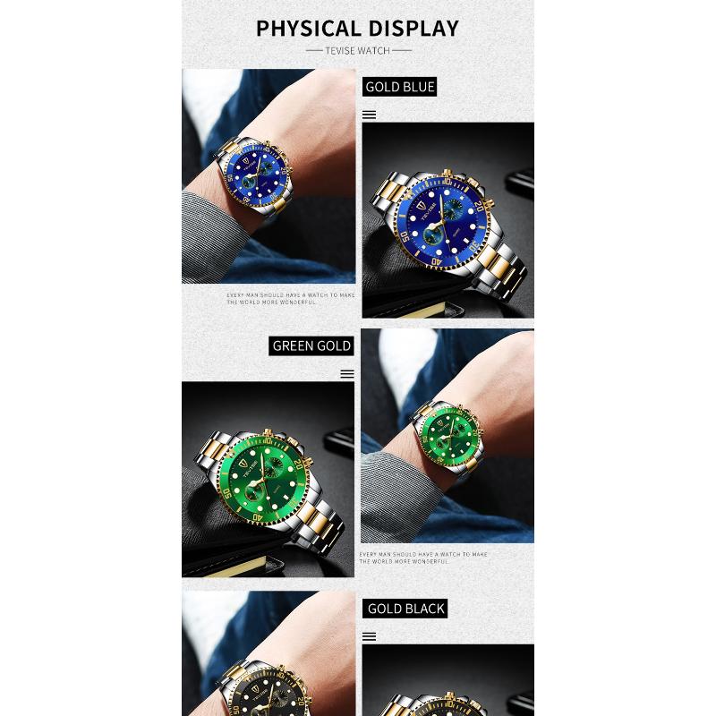 Tevise Мужские Бизнес-часы Нержавеющая сталь Кварцевые часы Дата Модные Повседневные часы Сапфировое стекло Часы