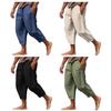 Men Cropped Pants Drawstring Elastic Waist Solid Color Loose Pockets Split Deep Crotch Soft Breathable Summer Vacation Beach Trousers