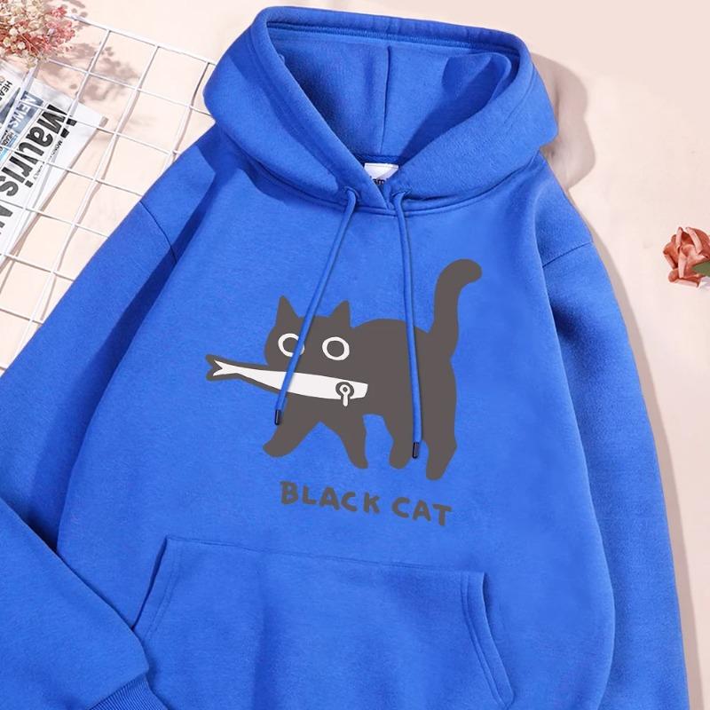 Веселая толстовка с капюшоном «Черный кот ест рыбу» для мужчин и женщин, модная толстовка Harajuku, свободная, свободного покроя, уличная одежда, флис, теплые толстовки и свитшоты для пар, унисекс