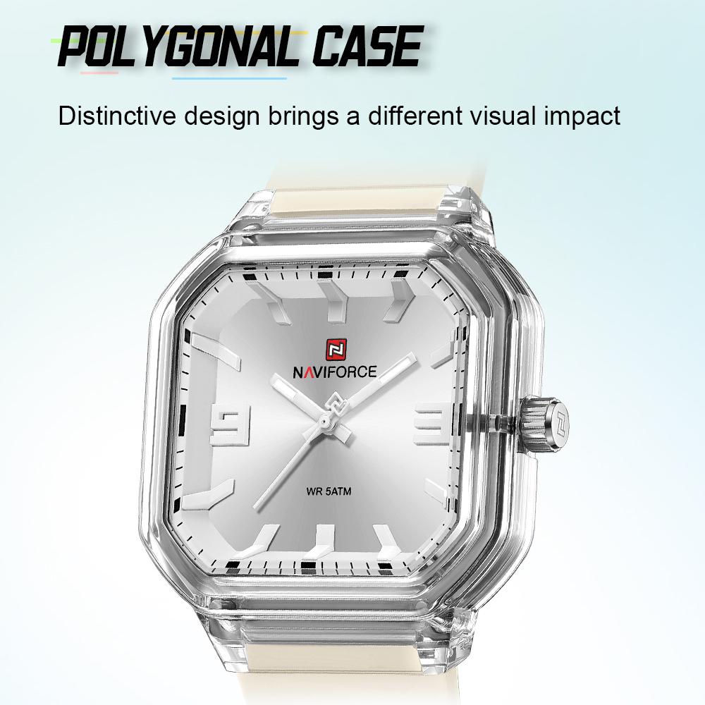 Naviforce Оригинальные женские квадратные часы Кварцевые Светящиеся стрелки Простой легкий силиконовый ремешок Водонепроницаемые Женские Повседневные Модные часы NF6108