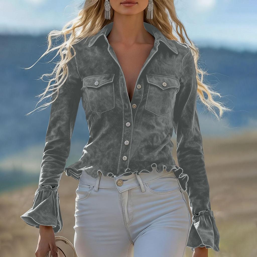 Женская Мода Повседневная Замшевая Фланелевая Рубашка Классическая Пуговичная Низ Рюши Длинный Рукав Ретро Топ